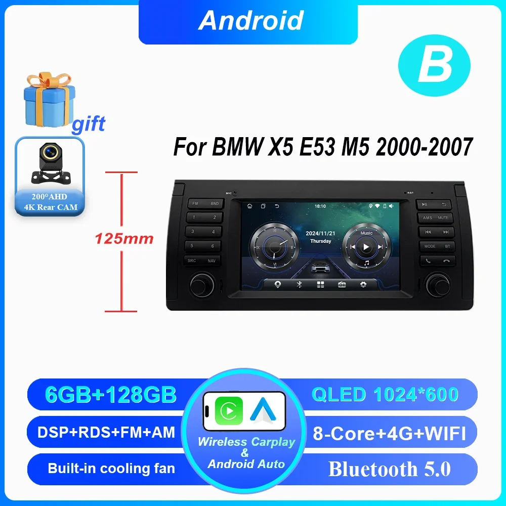 7 Inch Draadloze CarPlay Android Auto Radio Voor BMW 5 Serie E39 X5 E53 M5 1996-2003 Auto multimedia GPS 2din DVD Autoradio 4G DSP - afbeelding 1