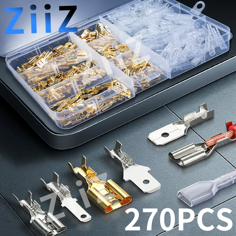 270PCS BOX  Electric Wire Connectors Set 2.8/4.8/6.3mm Female and male Crimp Terminal Connector Gold Brass/Silver Car Speaker