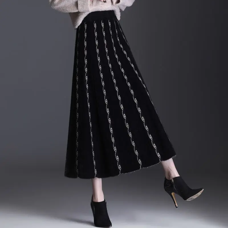 

Vintage Mink Velvet Mid-Long Skirts Women Autumn Winter Warm High Waist Pleated Korean Y2k Female All-match Clothes R367