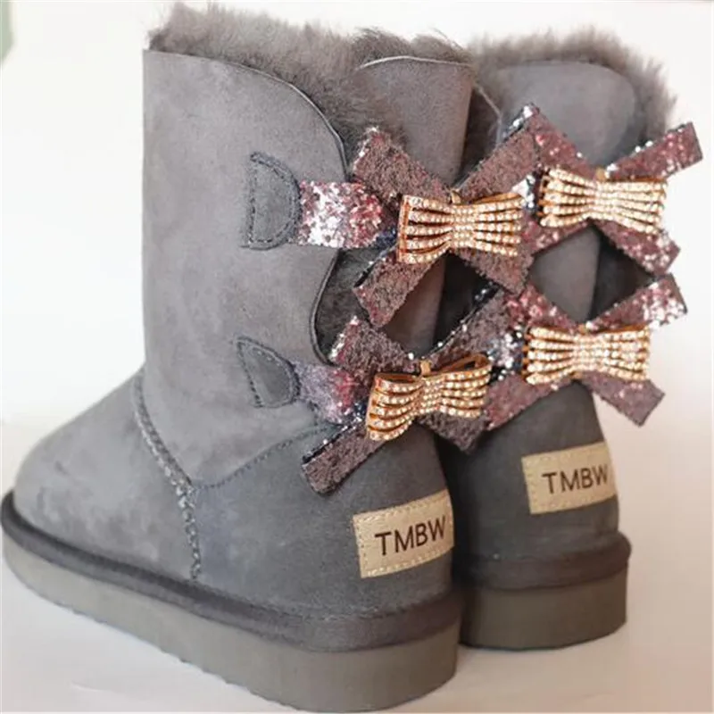 2023 Fashion Two Bows Real Sheepskin Women\'s Winter Woman Snow Boots Mid Calf Genuine Sheepskin Women Boots Women Shoes