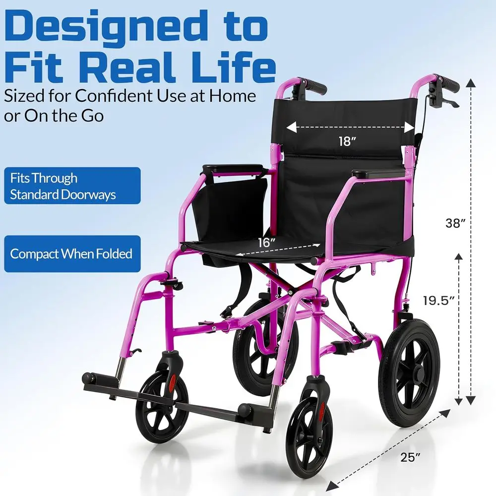 ingbird™ Ultra-Lightweight oldable Transport Wheelchair, Handbrakes,12-Inch Rear Wheels, Extra-Wide Seat. Convenient Table-Lengt view 6