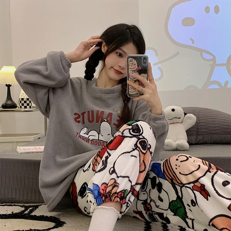 Peanuts Cartoon Snoopy Flannel Cartoon Pajamas Thick Homewear Coral Fleece Long Sleeves Pants Warm Suit Cute Girl Christmas Gift