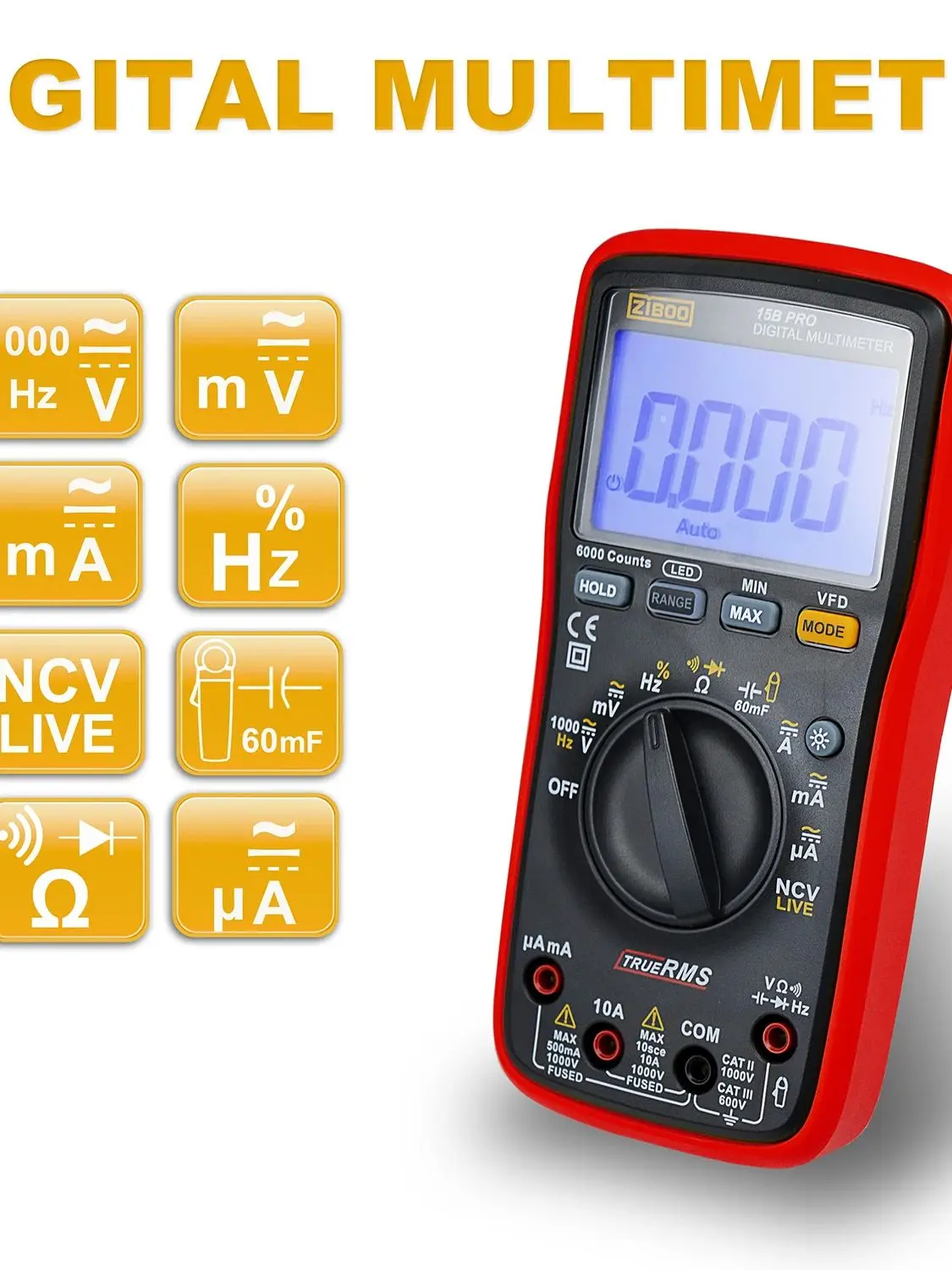 ZIBOO 15B PRO 17B PRO True RMS digitale multimeter, voor elektrische toepassingen samen met weerstandscontinuïteit diodecapaciteit - afbeelding 2