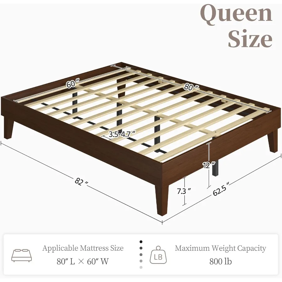 Queen Size Solid Wood Platform Bed Frame Low-Profile Dark Walnut