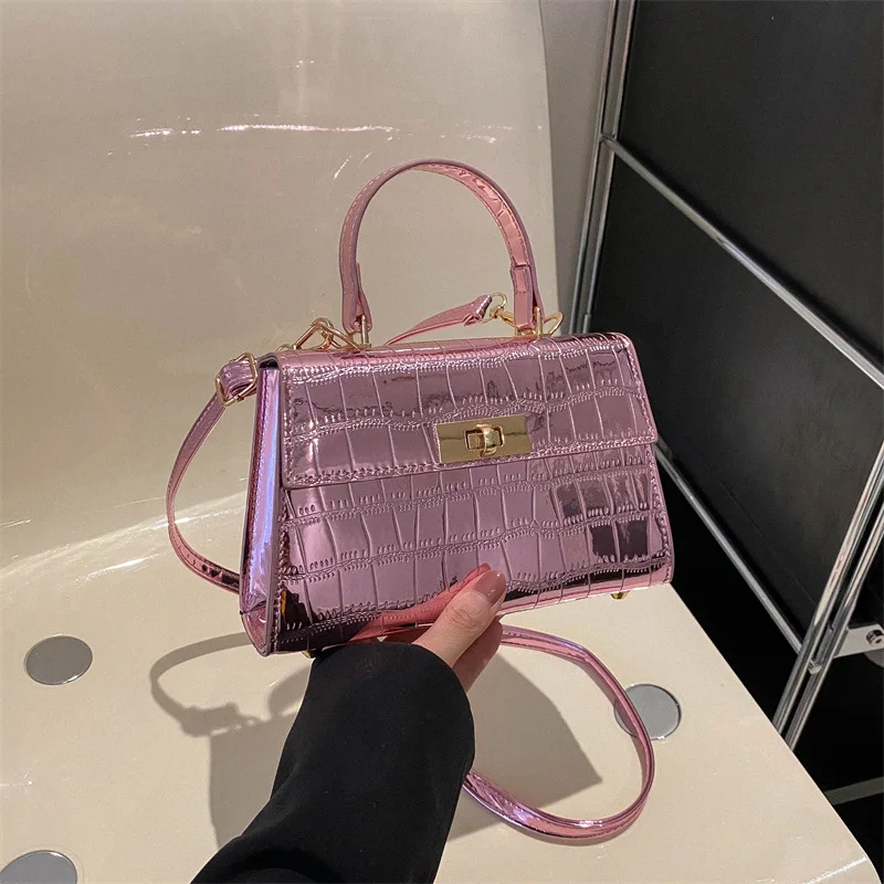 2023 Summer New Korean Fashion Bright Face Crocodile Pattern Portable Small Square Handbag Women\'s One Shoulder Crossbody Bag