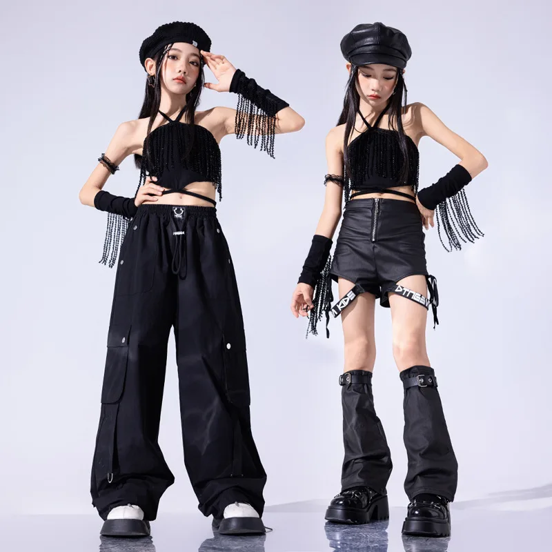 Hip-Hop Girls Dance Outfits Black Fringed Designs Teens Groups Performances Costumes for Children\'s 4 To 16 Years Kids Clothes