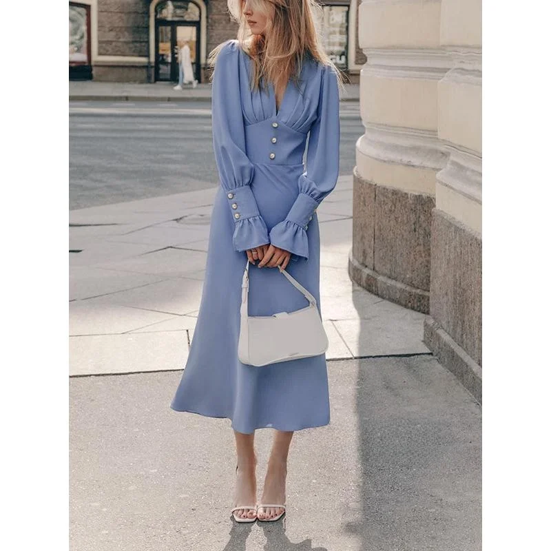 تنورة نسائية أنيقة بقصة A-line من الشيفون بياقة على شكل V وخصر متوسط وأكمام طويلة بتصميم عصري لفصلي الربيع والصيف #4