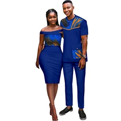 African Couples Women Print Wax Cotton Fashion Patchwork Hot Dress& Men 2 Pieces Shirt and Pants Sets