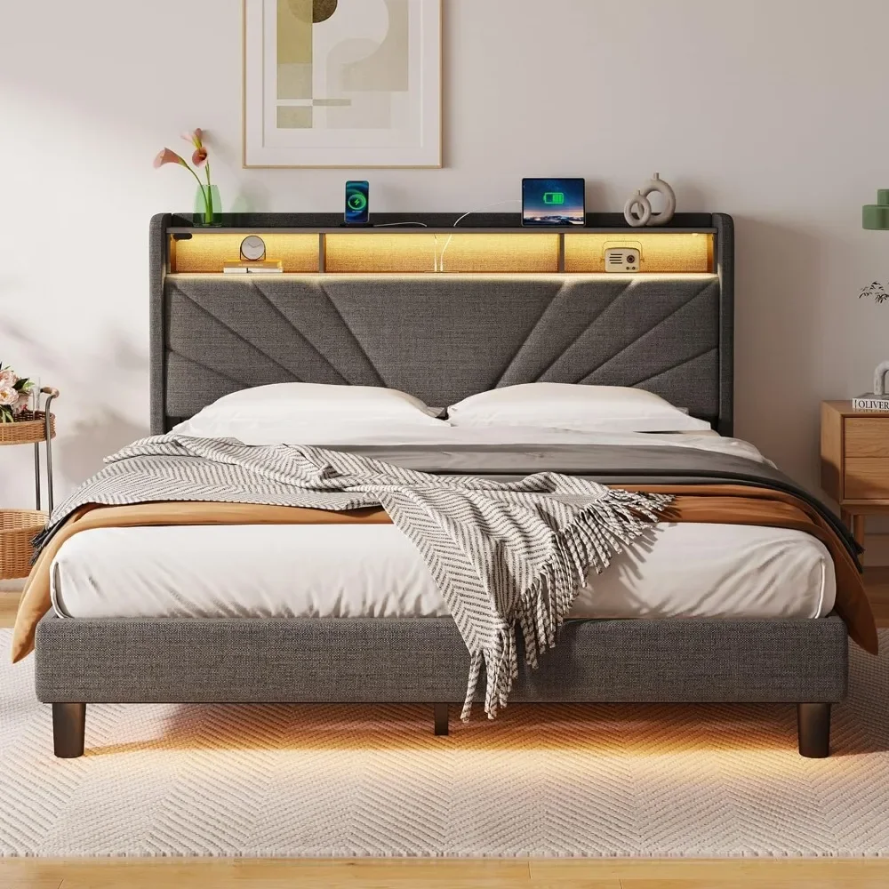 Queen Size Bed Frame,Storage Headboard with Charging Station and LED Lights,Upholstered Bed with Heavy Duty Wood Slats,Bed Frame