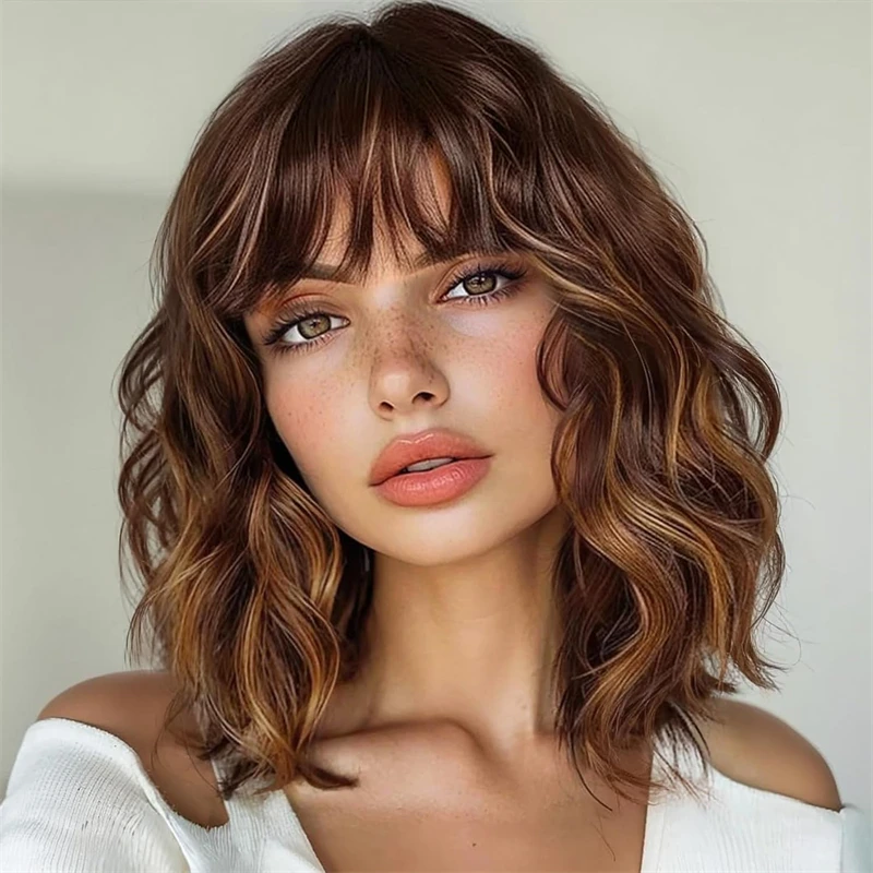 Wigs with Fringe 100% REal Human Hair Wigs Chocolate Brown Honey Blonde Lace Front Wig on Sale Virgin Human Women Short Wigs