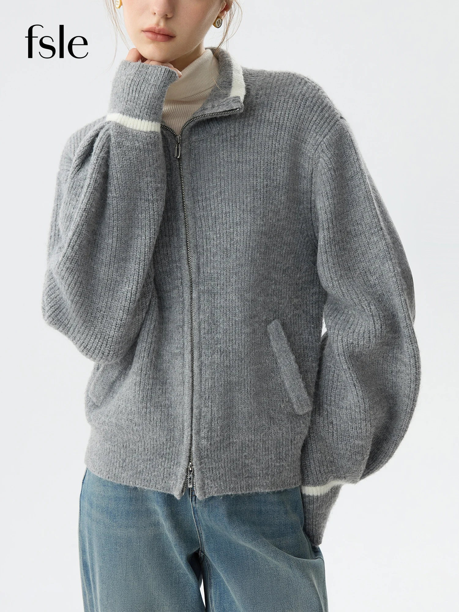 

FSLE Stand Collar Casual Grey Sweater For Women Autumn Winter 2025 New Zipper Design Knitted Warm Cardigan Chic Jacket Coats