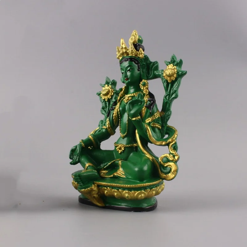  Hand-painted Resin Green Tara Statue - Tibetan Bodhisattva Altar Ornament, Home Decor Handicrafts Lucky Fortune Display