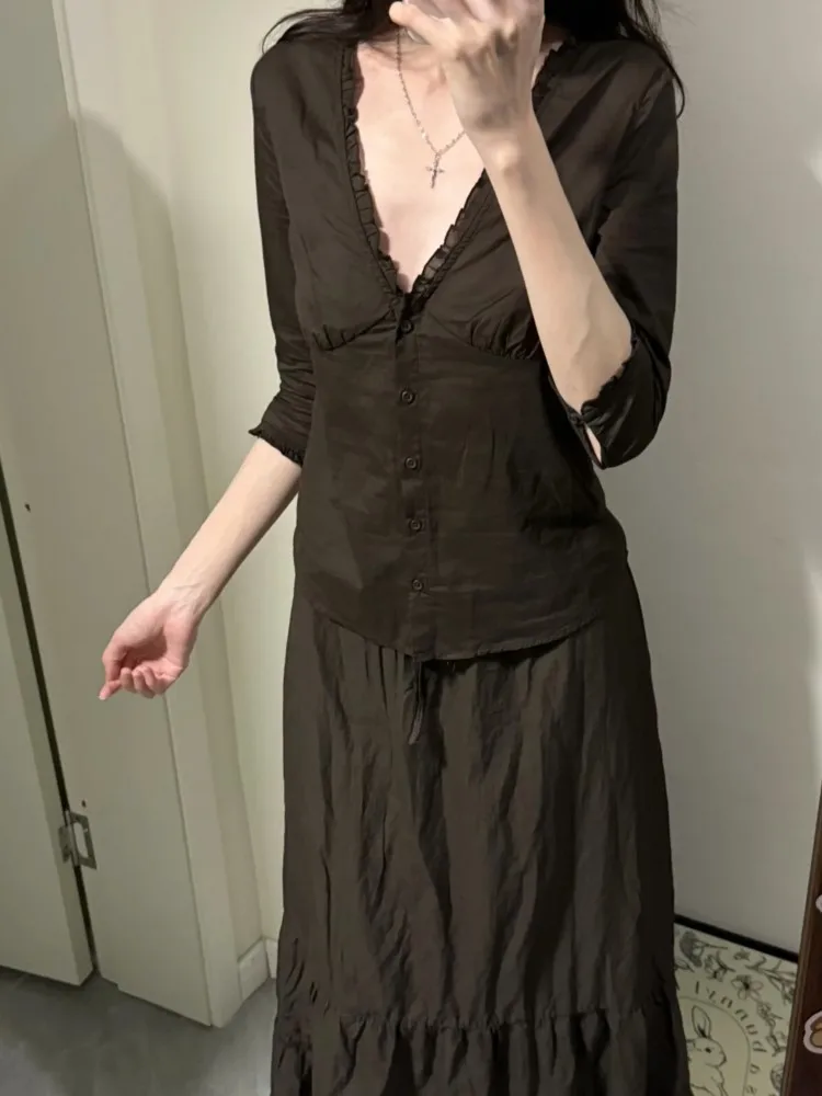 

Коричневая однобортная футболка с оборками, блузка, женские летние футболки с v-образным вырезом и рукавами с вырезом, простые милые универсальные тонкие футболки, новинка