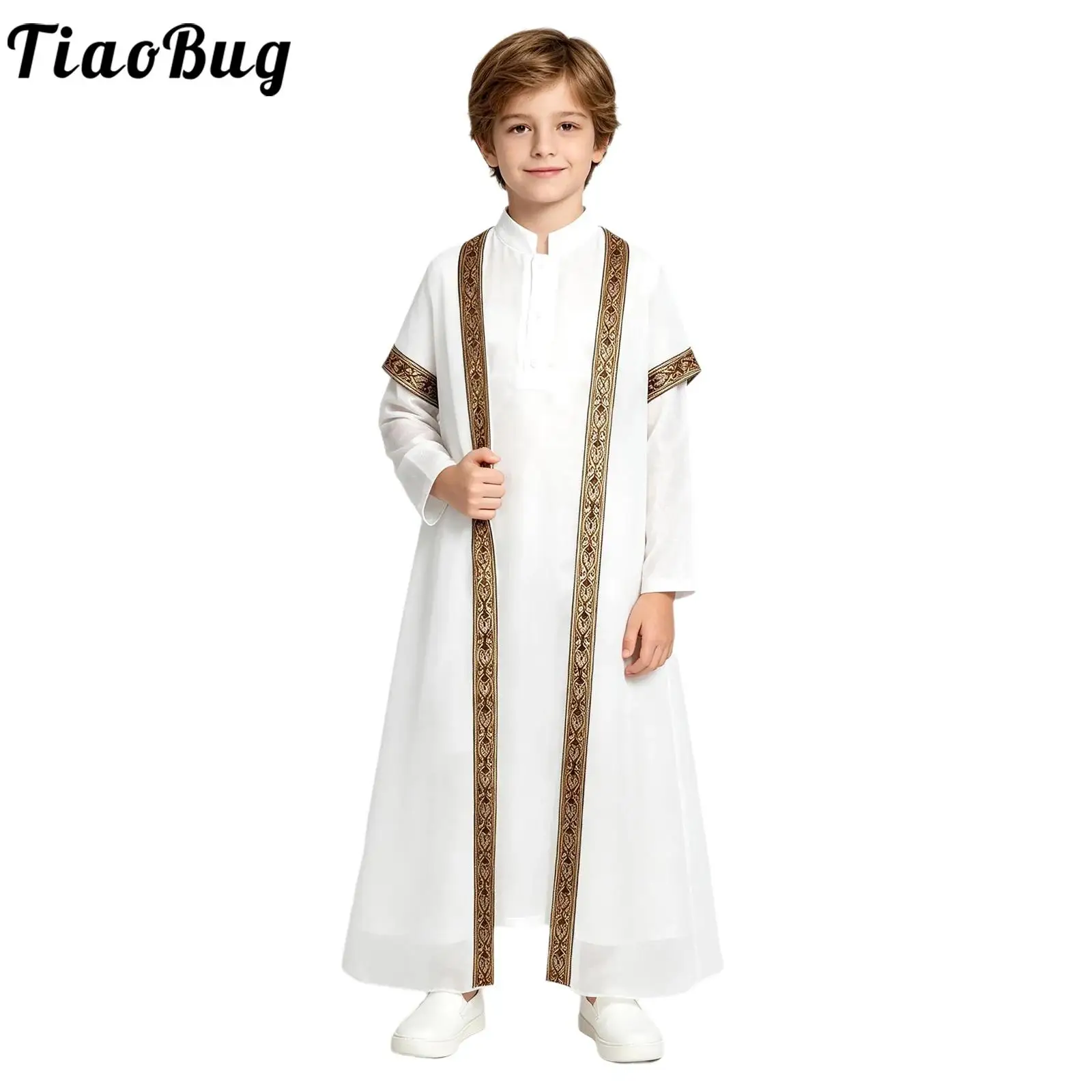 Muslim Boys Arabic Robe Abaya Short Sleeve Sheer Tulle Trim Cardigan with Gown Dubai Middle East Islam Ramadan Eid Kaftan Thobe