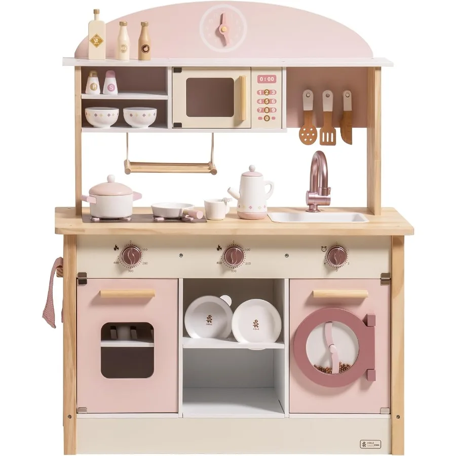

ROBUD Игровая кухня для малышей Деревянная игровая кухня с реалистичными аксессуарами Игрушечный кухонный набор с модными различными играми