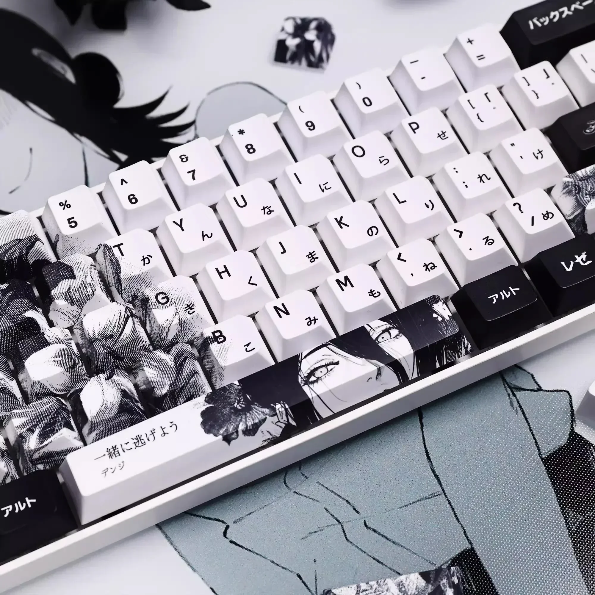 White Black Anime Theme Keycaps Set Customized PBT Sublimation Cherry Profile Keyboard Caps for Mechanical Keyboard Accessories