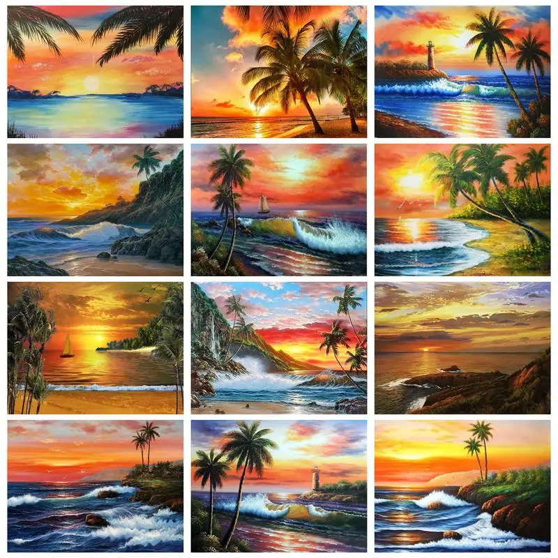 

RUOPOTY Painting By Numbers Sunset Landscape Handpainted Wall Art DIY Frame Seaside Drawing On Canvas Home Decoration