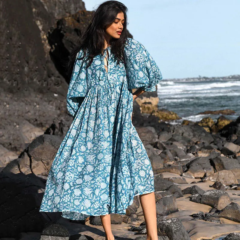 Boho Style Vintage Floral Long Dress Women Fashion Streetwear Puff Sleeve Patchwork Pleated Dresses Casual Vacation Beach Dress