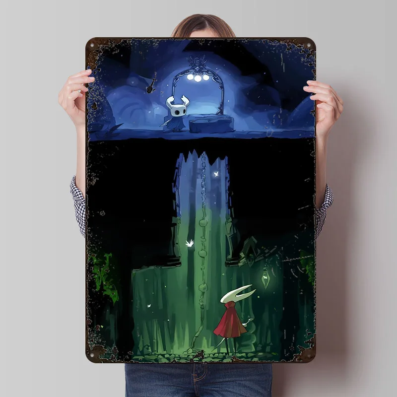 Hollow Knight Charaktere in Dunkler Umgebung Druckposter Maßgefertigte Retro Wandkunst Vintage Metallschilder für Männerhöhle Wanddekoration