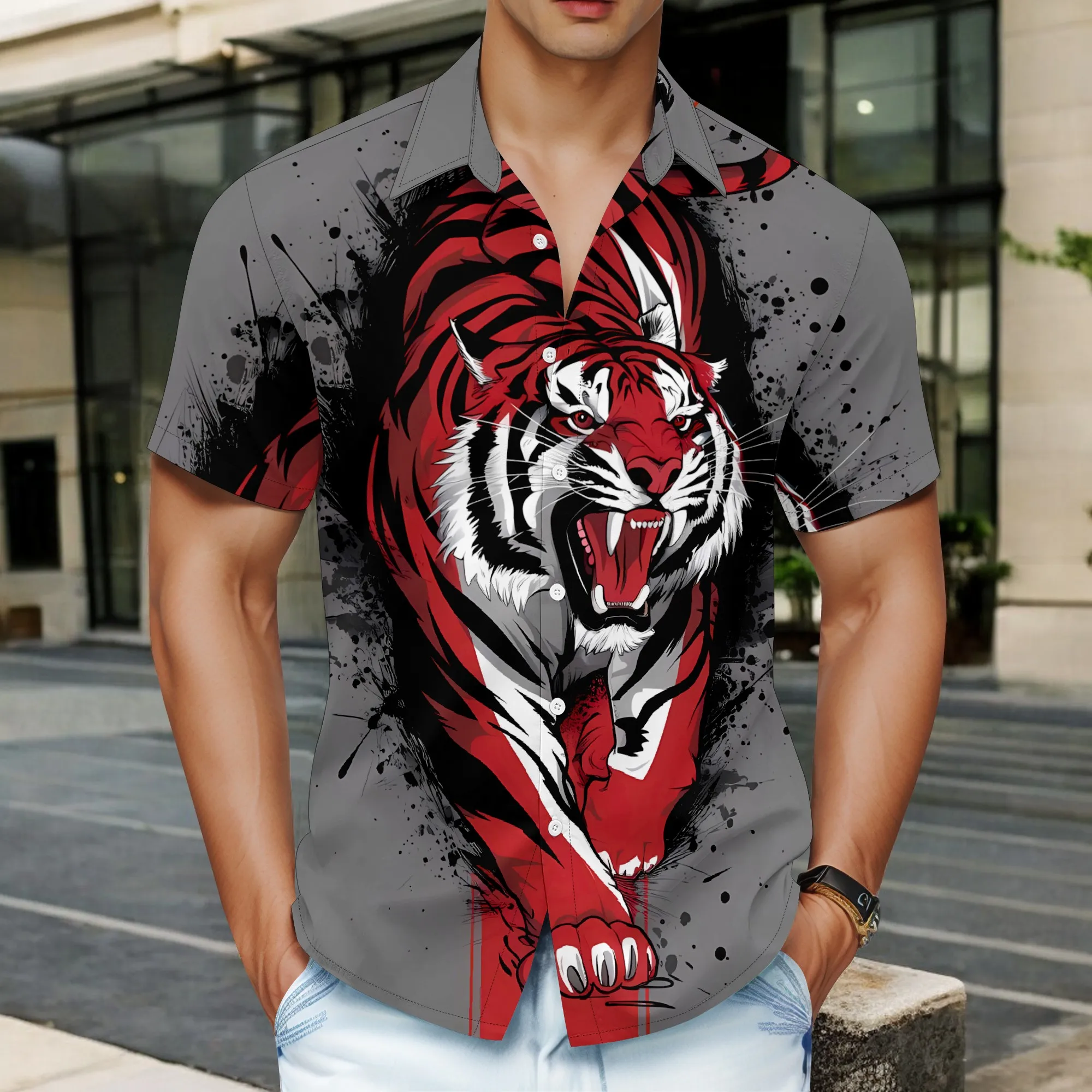 

YEAE Roaring Tiger Print Shirt for Men Summer Casual Short Sleeve Top