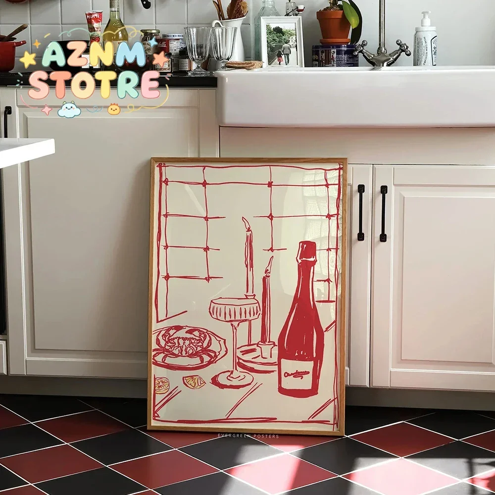 Red Hand Drawn Dining With Wine And Crab Modern Food Art For Pink Kitchen Decor Living Room Bedroom Home Decor