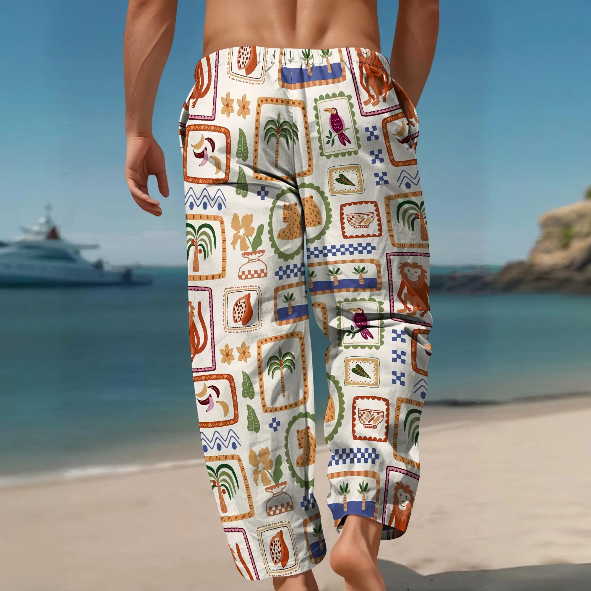 YEAE Tropical Frame Print Pants for Men Summer casual Loose Drawstring Trousers