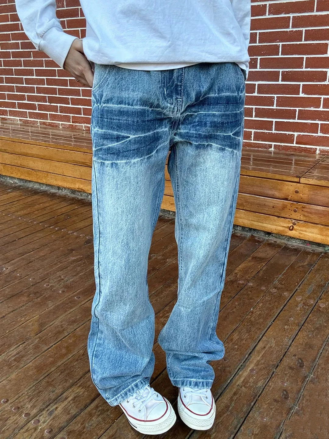 

Blue Waed Fce Lined Men's Jeans Winter High Street Vibe Lightning Pattern Bootcut Slim Straight Leg Jeans Casual Wear