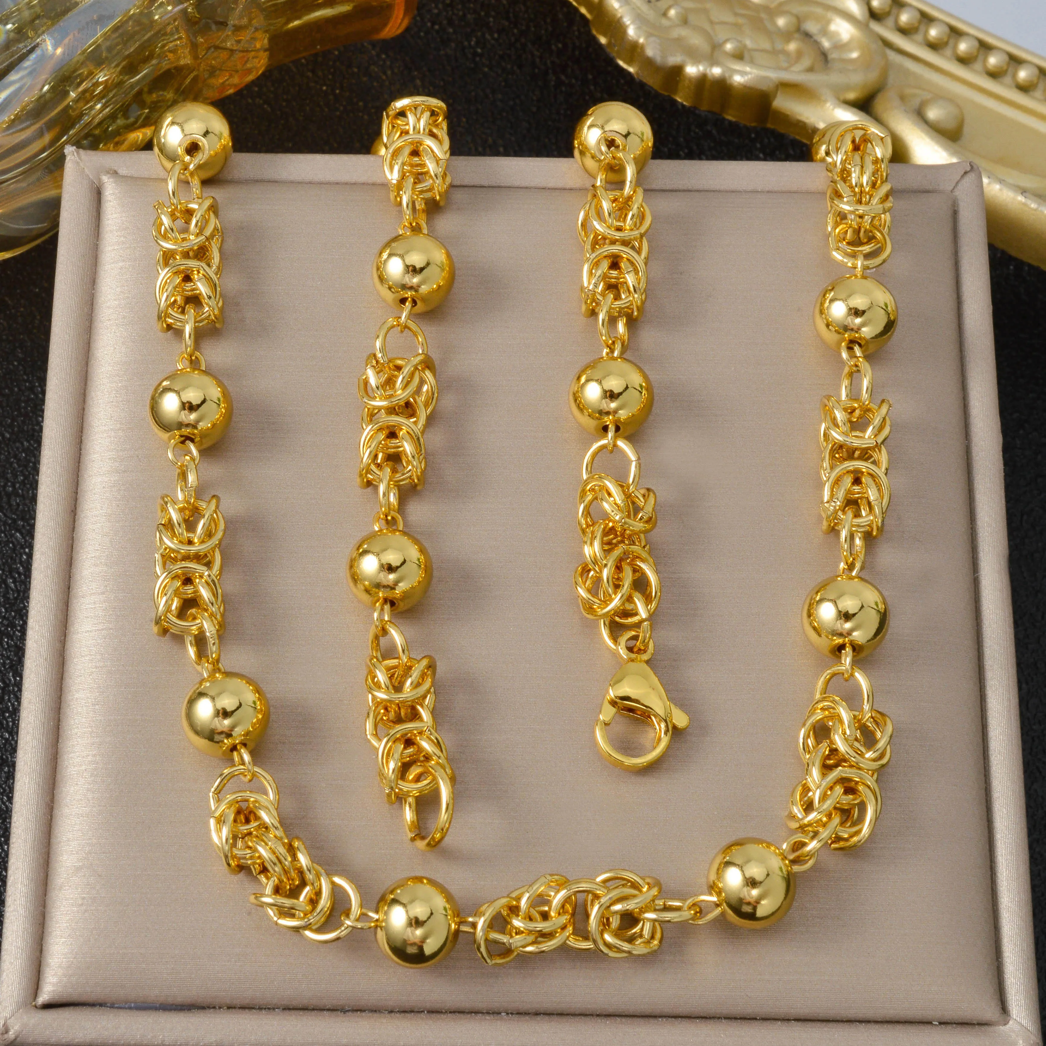 Gold Beaded Chain Necklace Stainless Steel Hollow Interwoven Link Design Men Women Daily Wear Party Jewelry Gift Free Shipping