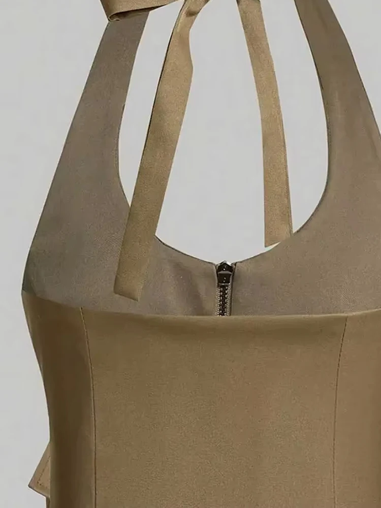 Regatas sem costas com bolsos para mulheres, zíper frontal, gola halter, laço amarrado, camis femininas, sexy, moda