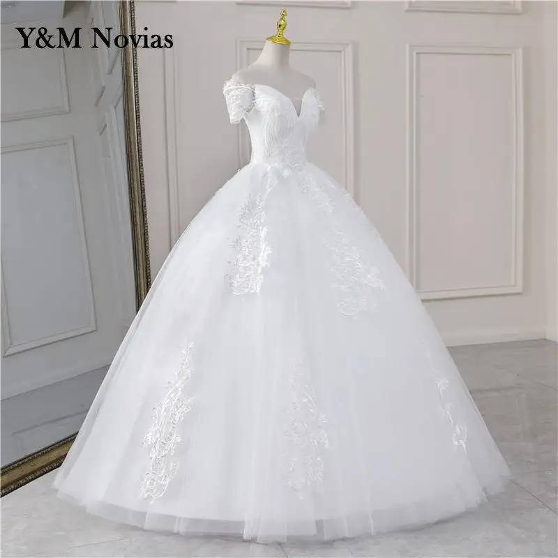 Y & m novias vestido de casamento personalizado manga boné moda elegante barco pescoço fora do ombro princesa renda bordado vestidos de baile de noiva