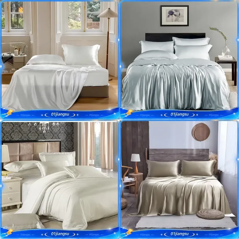 100% Mulberry Silk Fitted Sheet and Duvet Cover Set 19mm Seamless Light Champagne Silvery Custom Bedding Luxury Soft