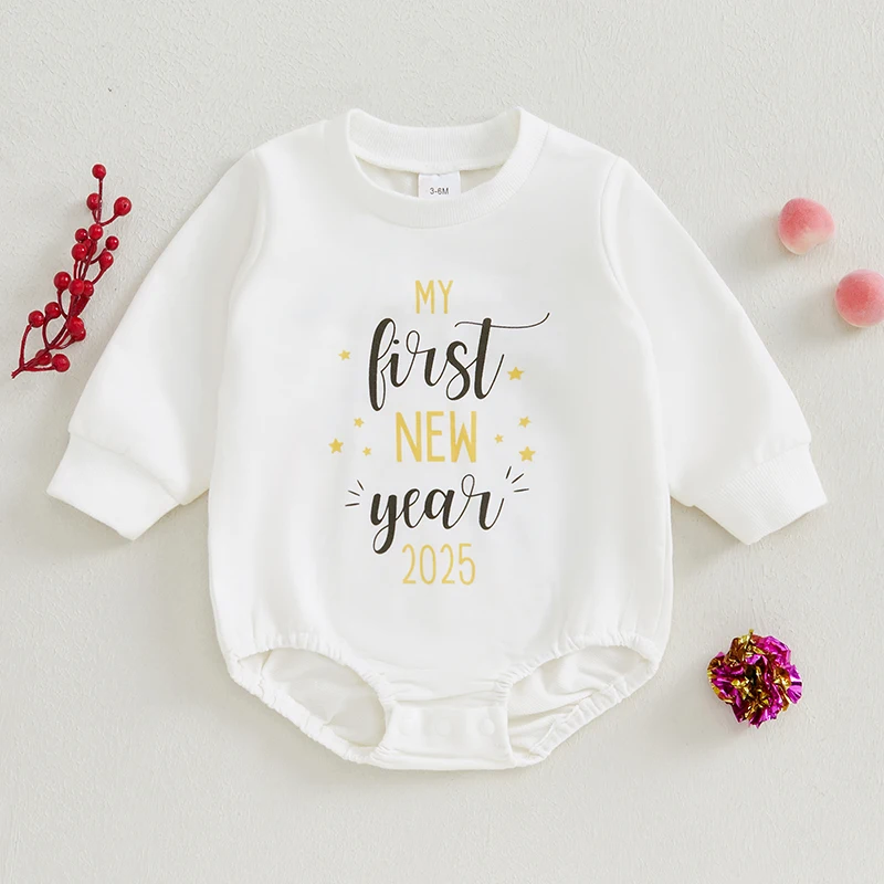 Suefunskry Baby Cute New Year Romper Long Sleeve Round Neck Letter Number Print Loose Fit Romper for Spring Fall