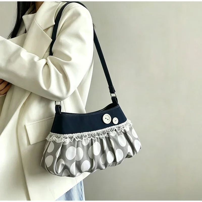 Gestreifte, gepunktete, plissierte Umhängetasche, koreanische süße, niedliche Damen-Umhängetasche, lässige Pendler-Geldbörse, leichte Handtasche – Detail 4
