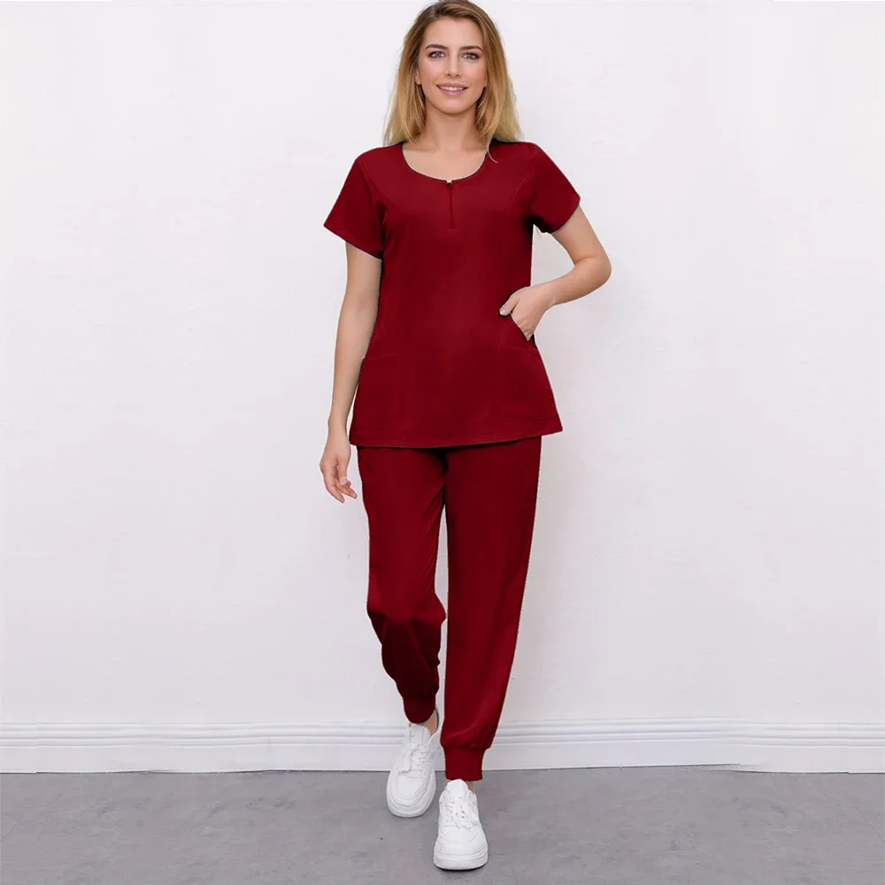 Operating Room Nurse Surgery Round Neck Leisure Suit Stretch Zipper Pet Beauty Salon Clinic Scrub Medica Short-sleeved Uniforms