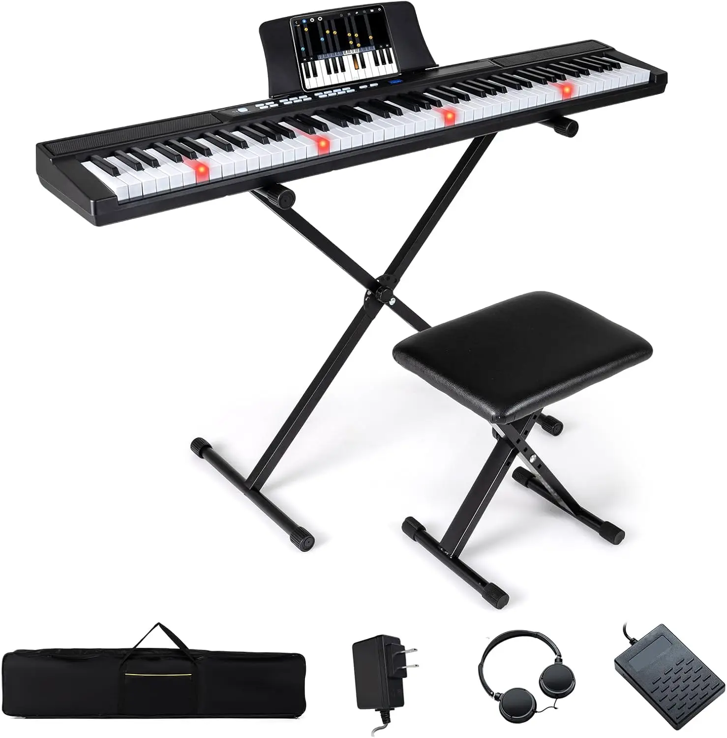 88-Key Electronic Digital Piano Keyboard with Stand, Lighted Full-Size Sensitive Keys, Headphones, MIDI Connectivity, Sustain Pedal, Bench, Carrying Case - Portable Keyboard Piano for Beginners (Black)