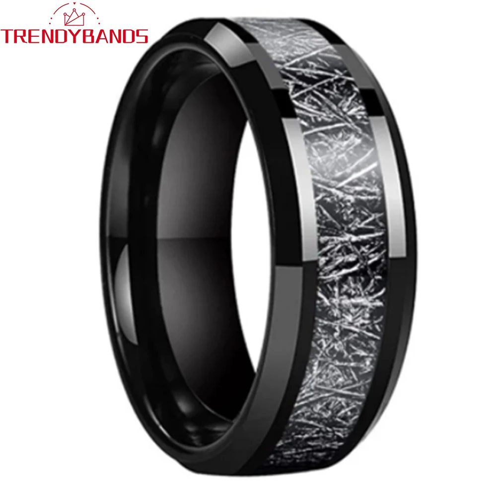 8mm 6mm Women Men Tungsten Wedding Rings Beveled Edges Black Meteorite Inlay Engagament Bands Polished Finished Comfort Fit