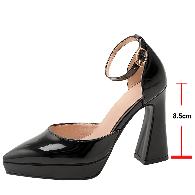 Meotina Two-Piece Women Patent Leather Super High Heel Pumps Buckle Thick Heels Ankle Strap Footwear Ladies Autumn Black Red 43