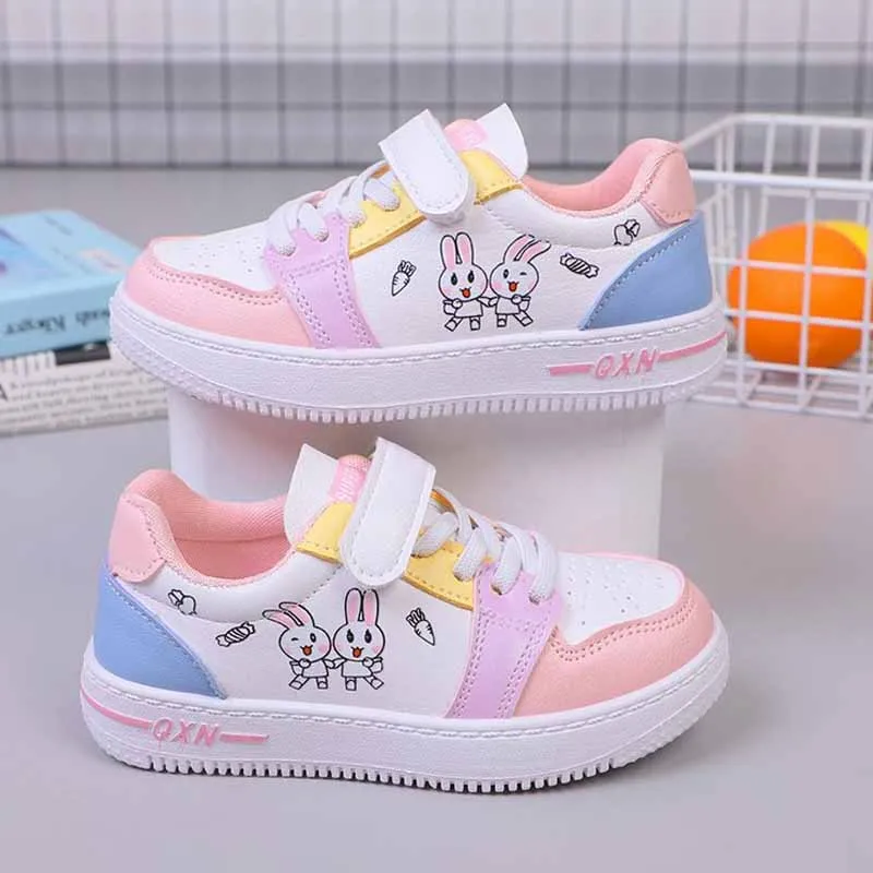 Children's Four Seasons Casual Sports Shoes Girl's Cute Cartoon Rabbit Print Breathable Little White Shoes Trend Board Shoes