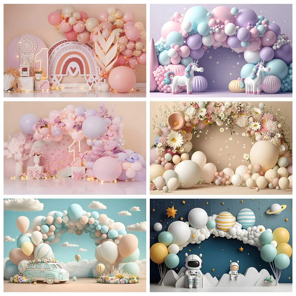 

Newborn Baby First Birthday Backdrop Balloons Boy Girl Baby Shower Cake Smash Party Pink Blue Photographic Background Decor Prop