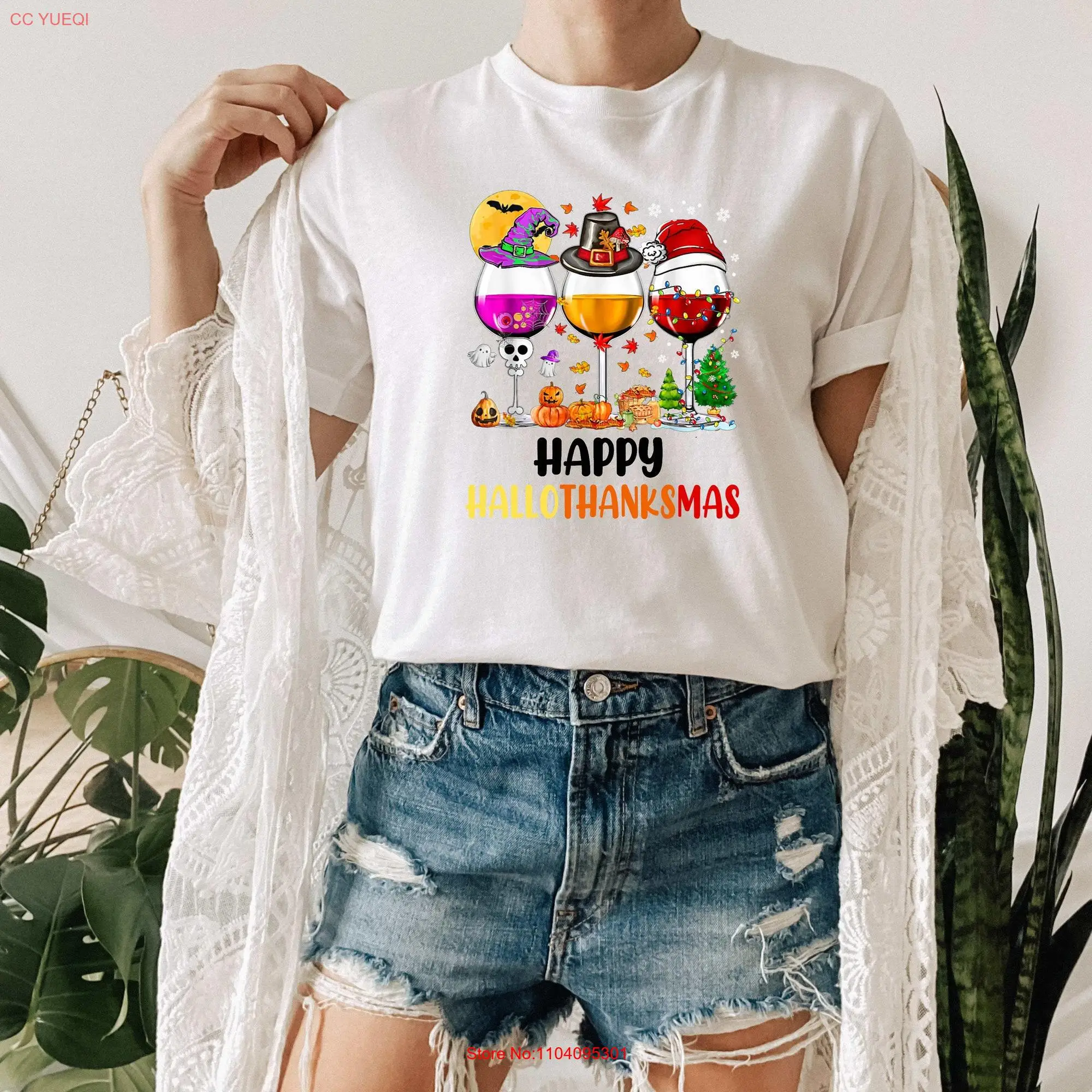 Happy Hallothankmas Wine Glasses Christmas T Shirt Lovers Glass long or short sleeves