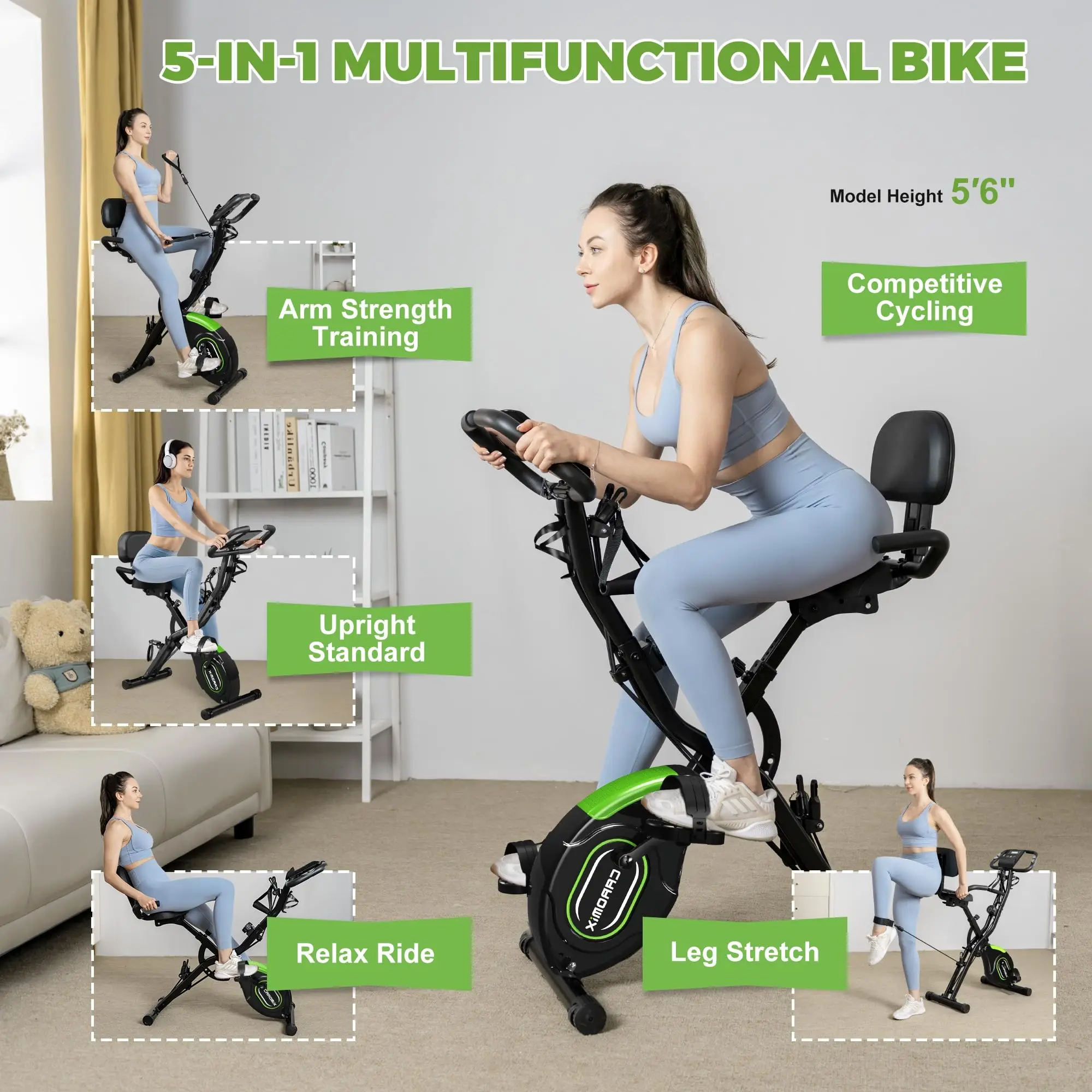 Caromix Folding Exercise Bike, 5 in 1 Stationary Bike with 16-Level Adjustable Magnetic Resistance, 330LB Capacity