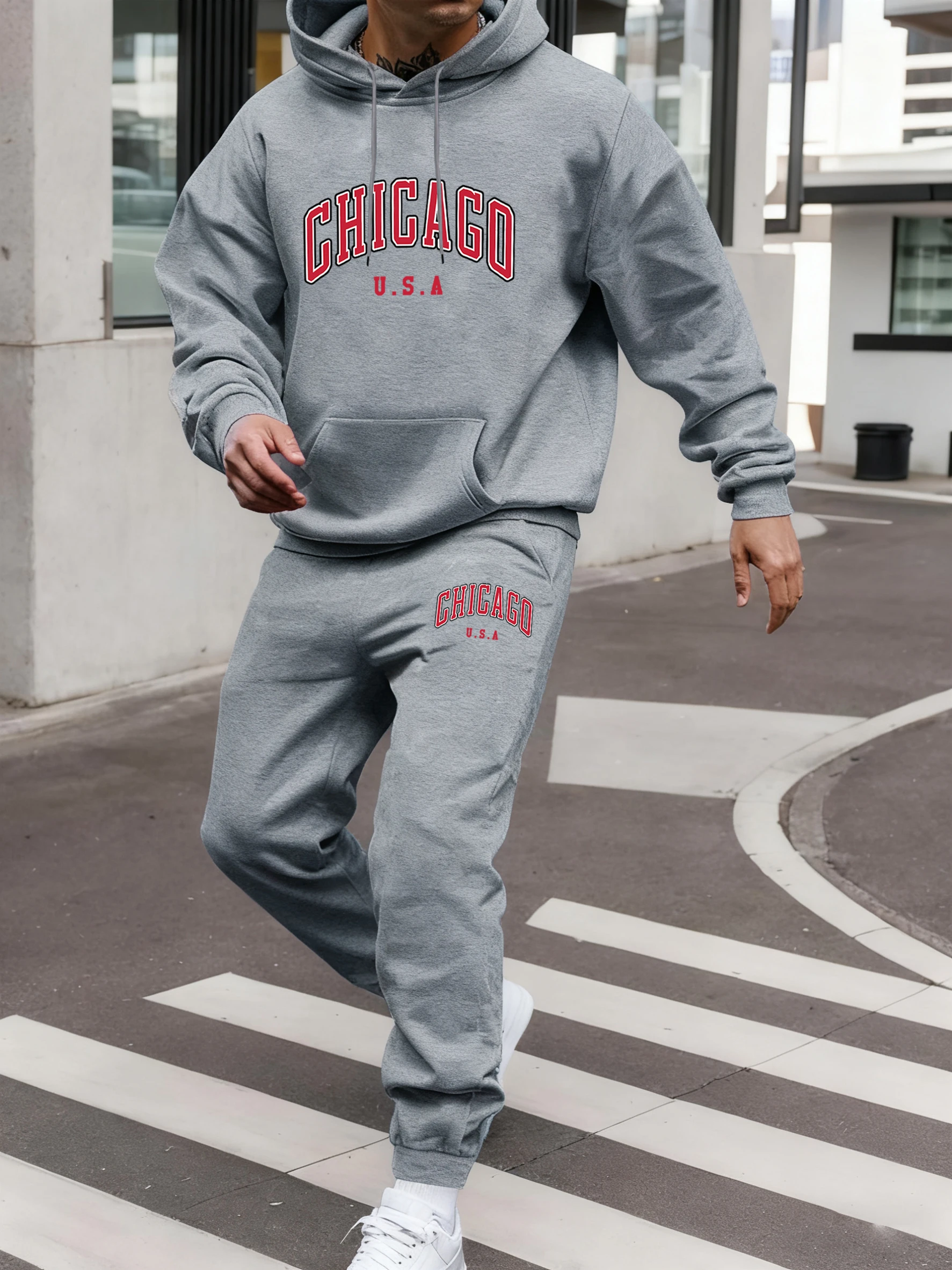 

Chicago Usa Letter Pattern Mens Hoodie Set Pocket Jogging Pants Comfortable Soft Sweatshirt Fleece Autumn Sweatpant 2 Piece Sets