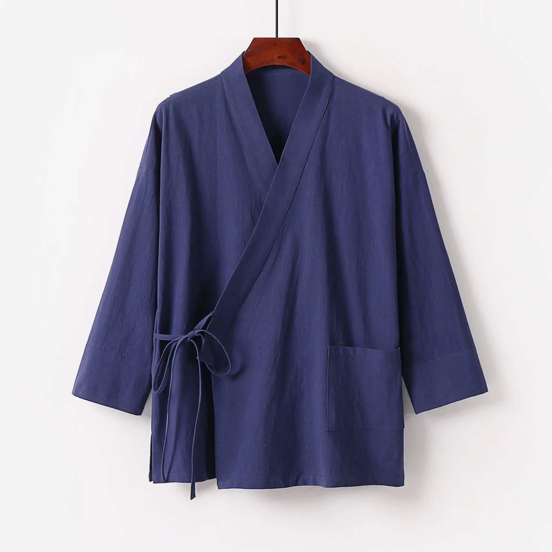 Linen Kimono Shirts Men Solid Color Linen Shirt Casual Fashion Open Stitch Shirt Male Kimono Jacket Black