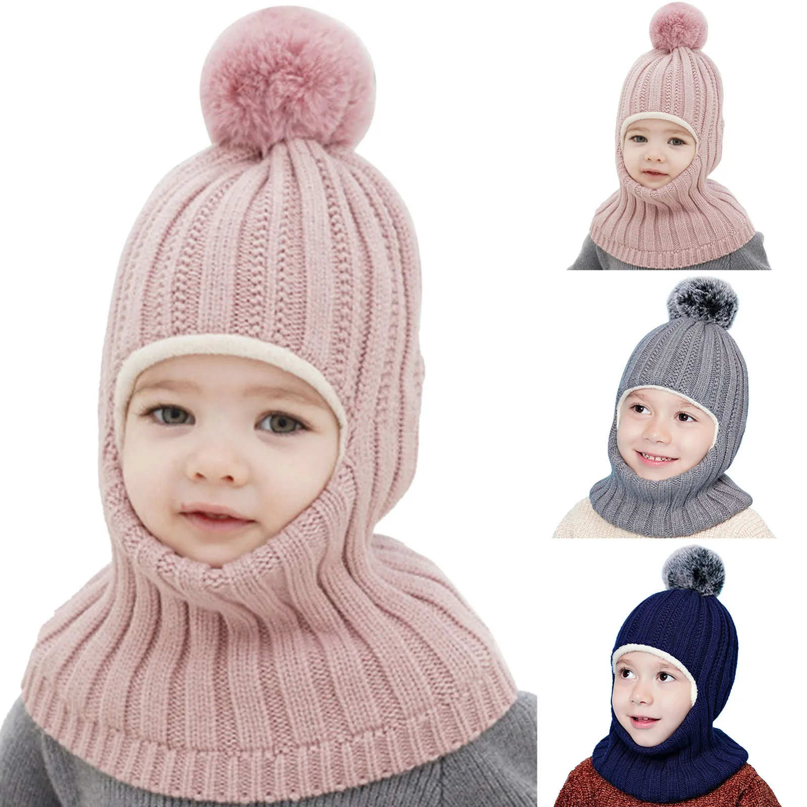 Gorro de pasamontañas cálido de invierno para niños, gorros de punto con pompón para niñas, gorro, bufanda, redecilla con gorros de lana de doble capa para niños