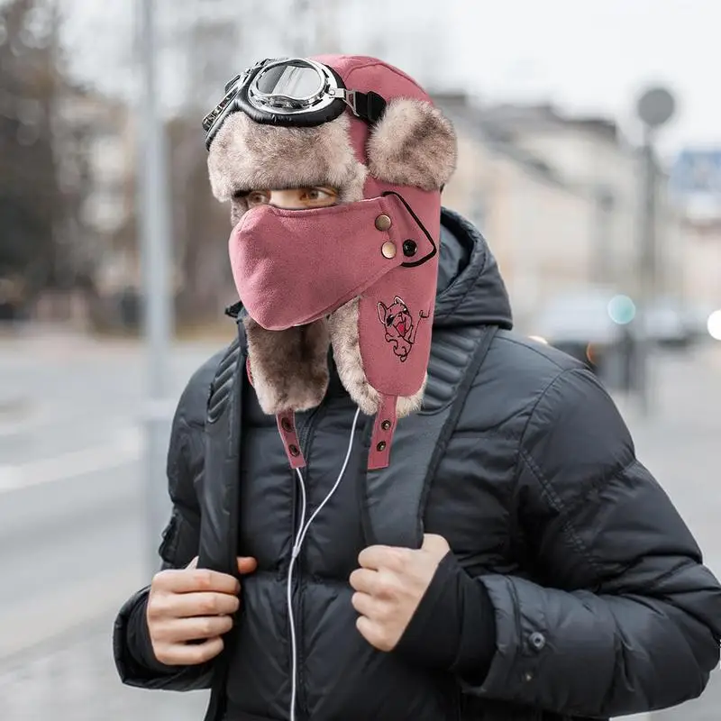

Winter Hunting Hat Mens Cold Weather Unisex Warm Earflap Hat Winter Warm Trapper Hat With Goggles Earmuffs Face Cover For