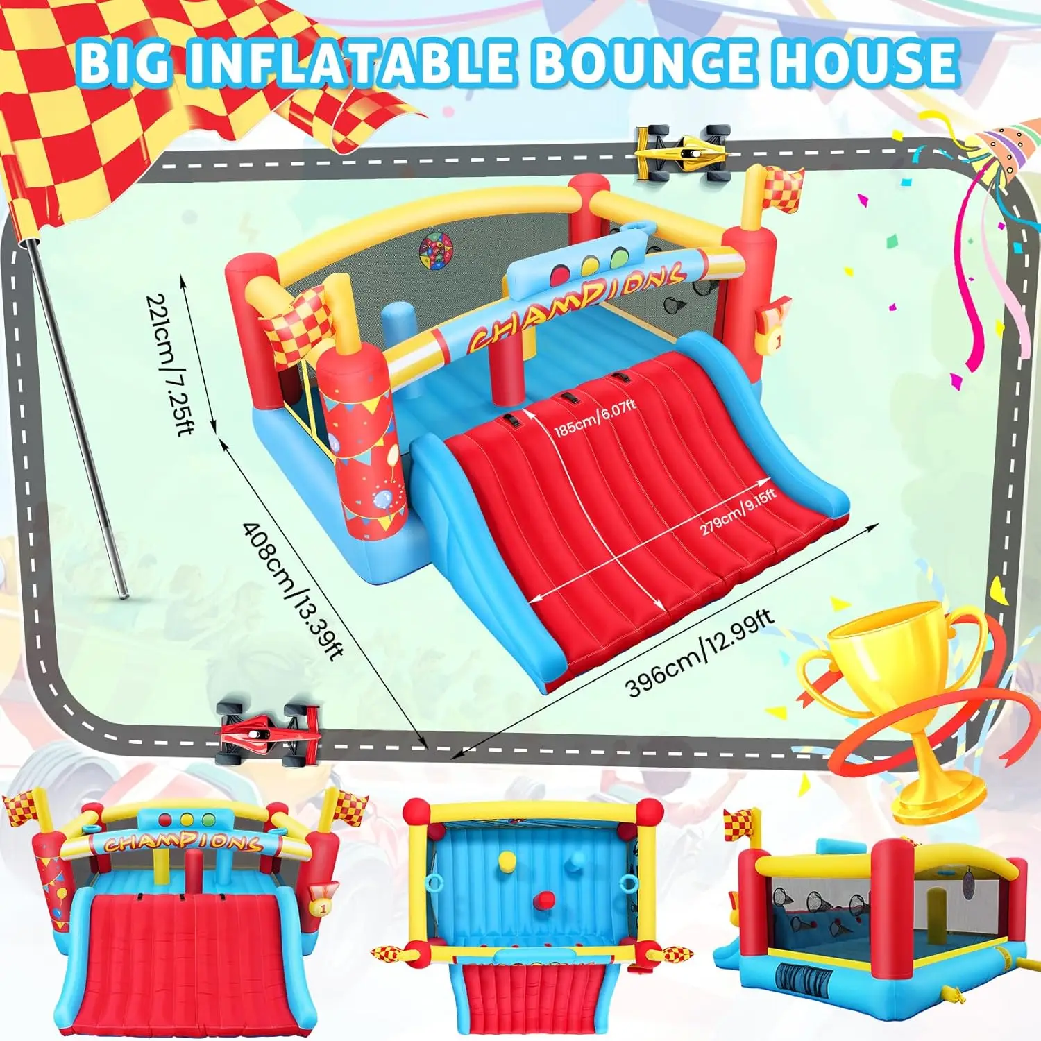 13FT Big Inflatable Bounce House for Kids with Blower Double Basketball Hoop Outdoor Inflatable Castle Amusement Park Game