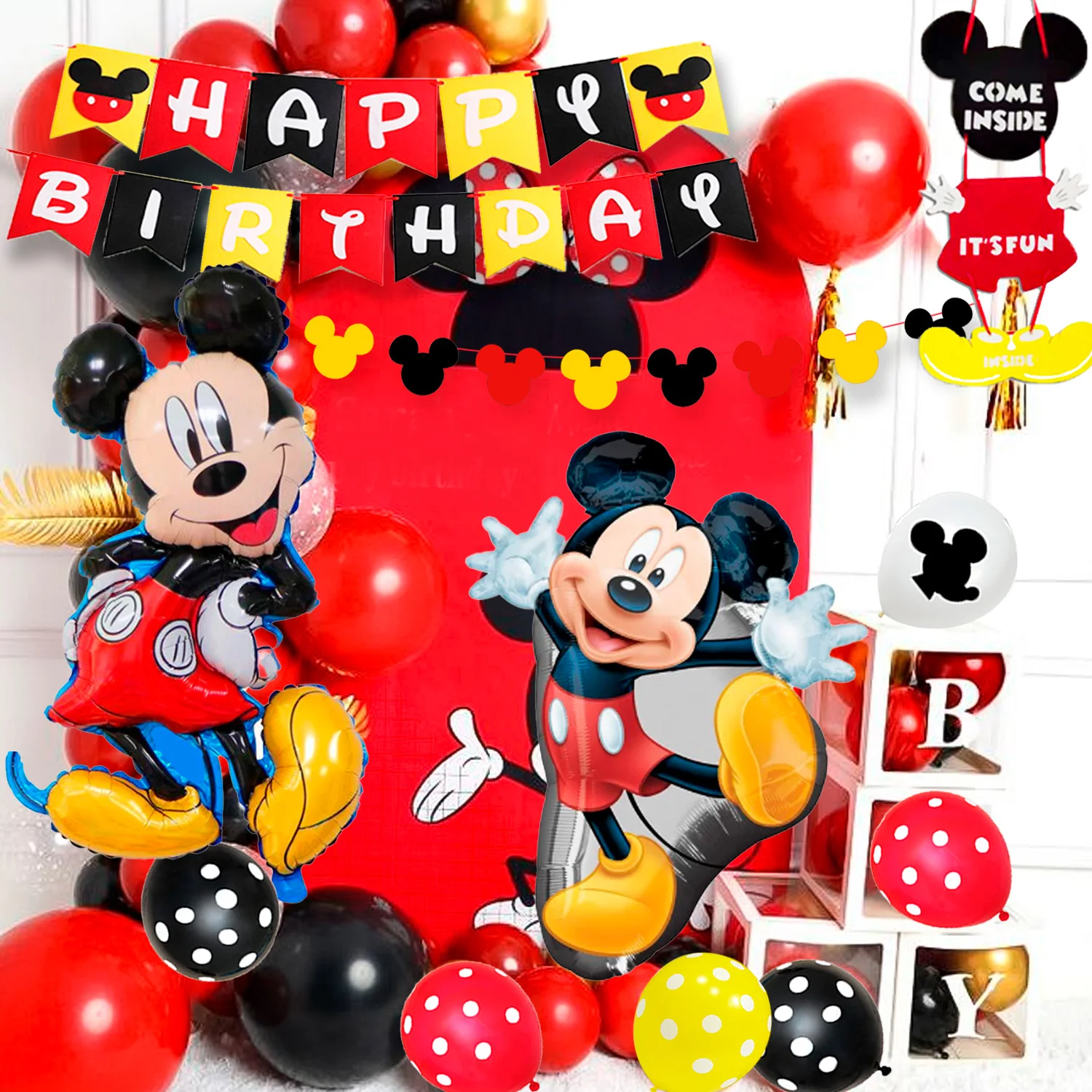 لوازم حفلات أعياد الميلاد ميكي ماوس-128 قطعة زينة وأدوات مائدة ميكي ماوس - أطباق ميكي، بالونات لافتة... #5
