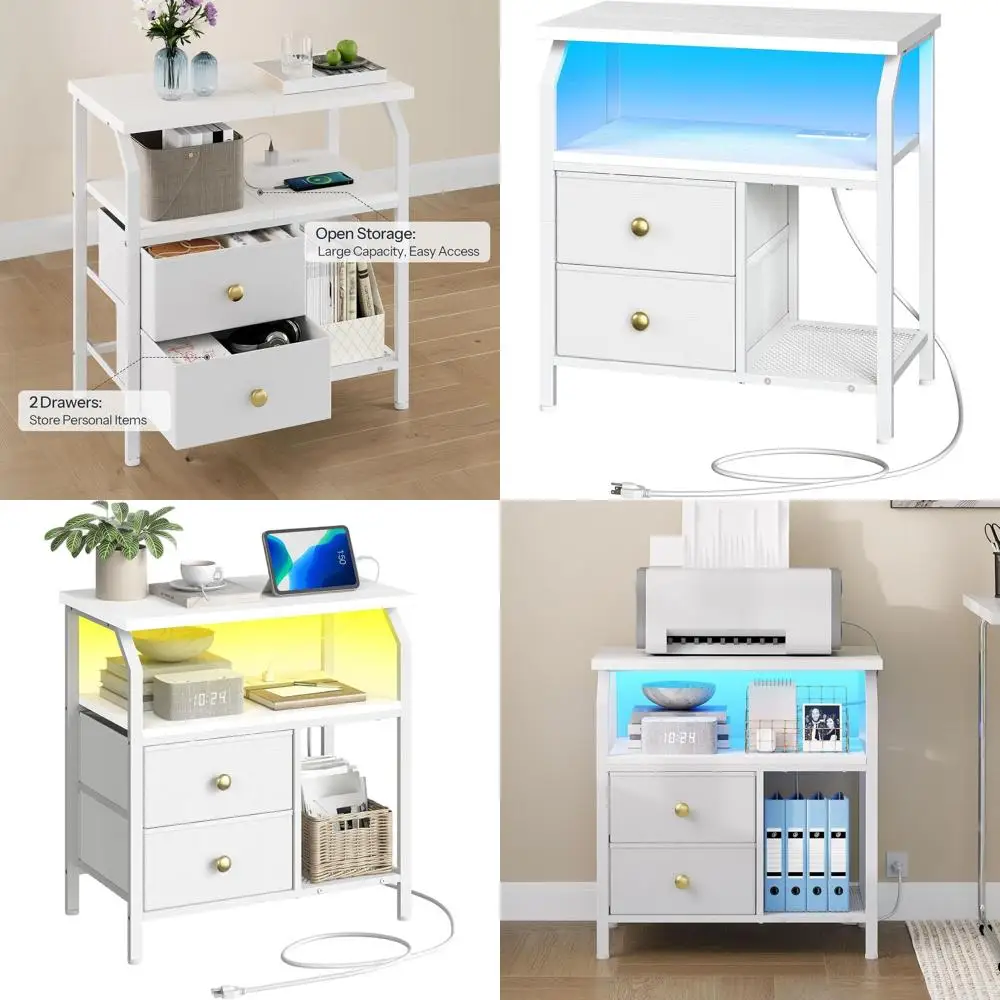LED-Lit 23 Dual Drawer Nightstand with Charging Station and Open Shelf in White