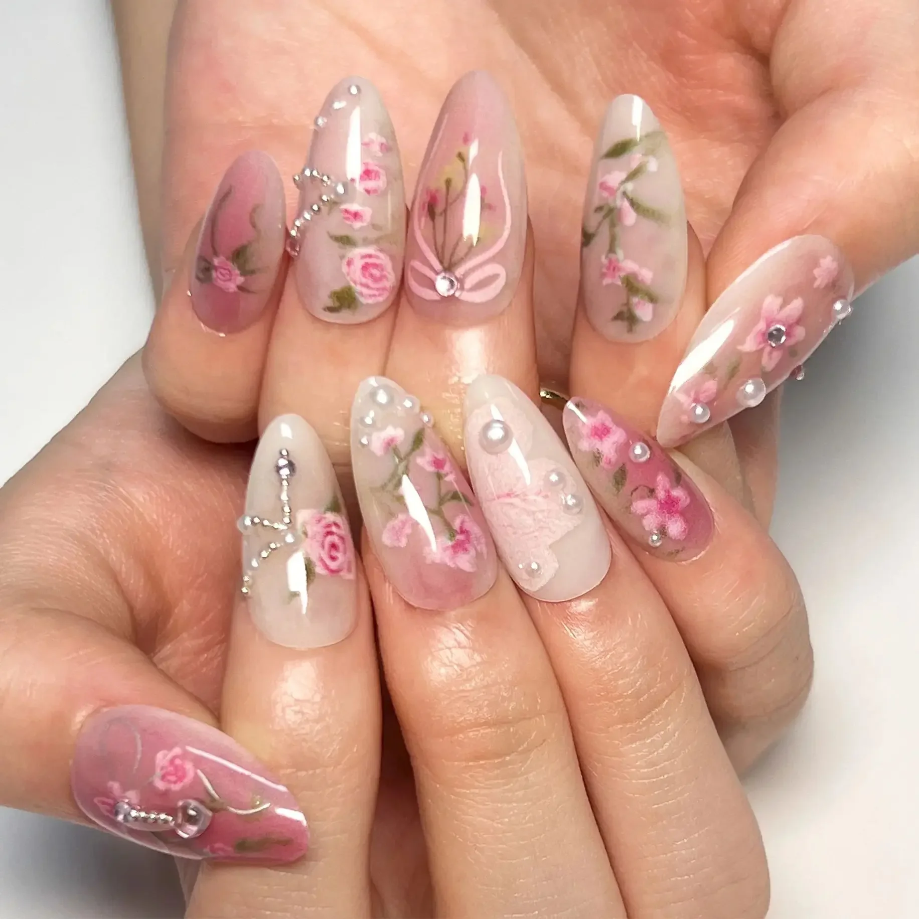 Pink Flowers Jade White Buckle Pearl Press on Nails Chinese Style False Art Nails Fashion Finished Fake Nails Tip Manicure Tools