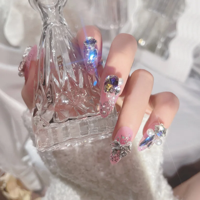 Ins Large Crystal False Nails 3D Rhinestone Pearl Decor Bridal Fake Nail Patch Shiny Korean Wedding Artificial Nail Art Tips